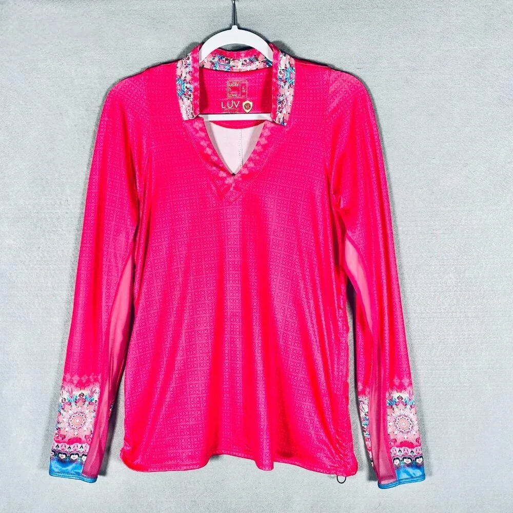 Lucky In Love Shirt Womens L Hot Pink Long Sleeve Pullover Tennis UPF 50 - Picture 1 of 14